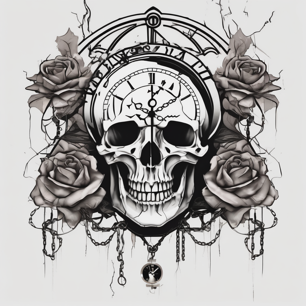tattoo fool sleeve, tree roots break out of the chains, broken mask, clock with flying numbers, girl and skull, roses english dragon tattoo, diseño de tatuaje Minimalista generado con IA